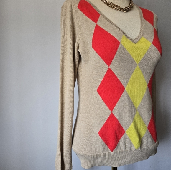 Esprit V-Neck Cotton Sweater Tan with Red, Yellow, Argyle. Size Amall - Picture 2 of 9